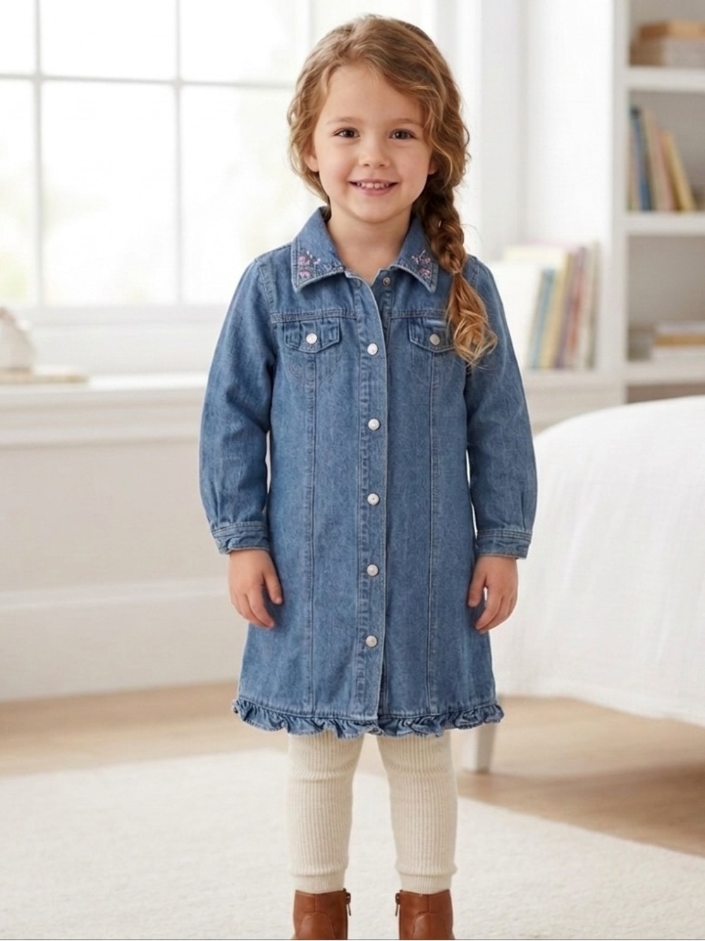OshKosh Girls Denim Long Sleeve Dress Ruffle Hem Size 4/5